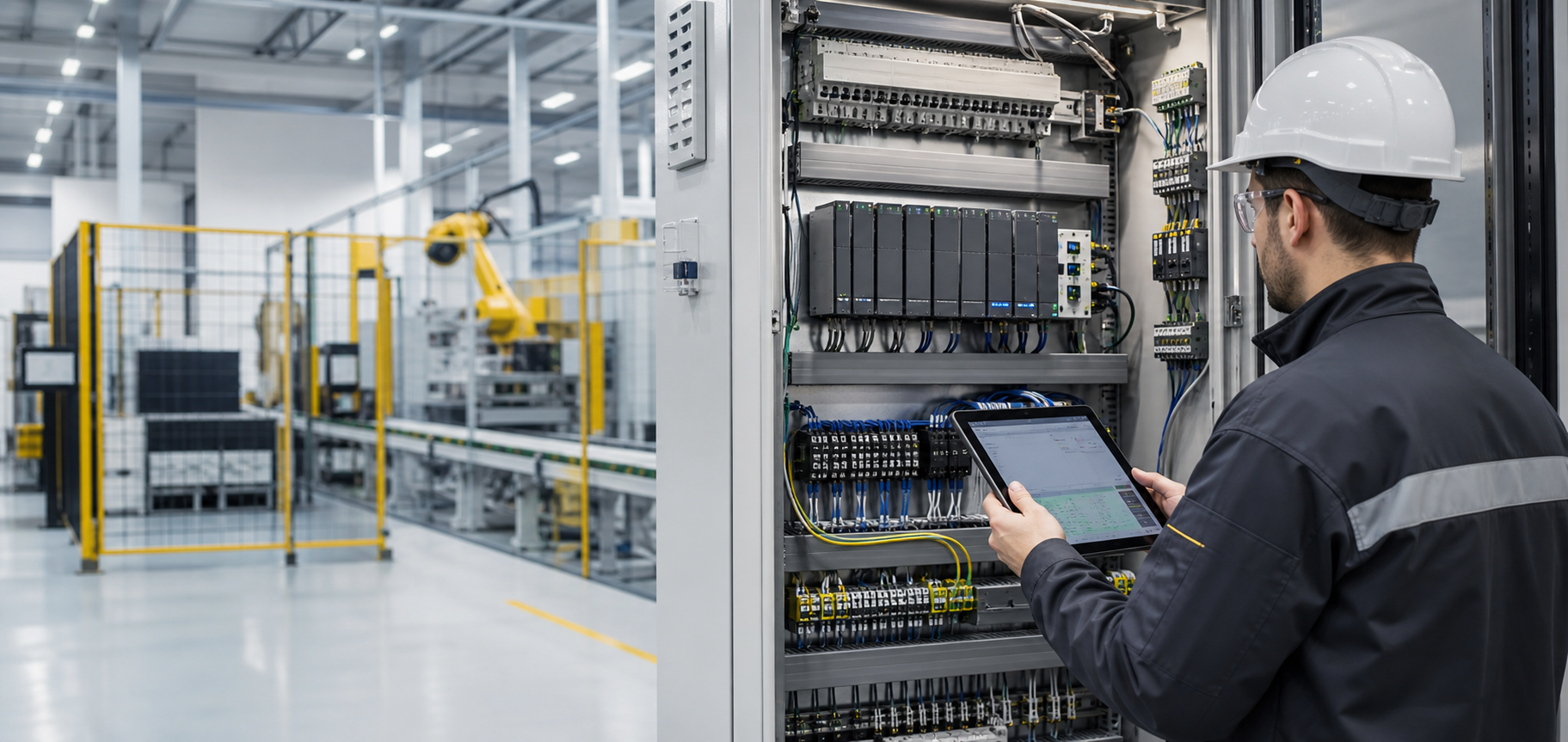 Painel elétrico industrial com módulos de automação